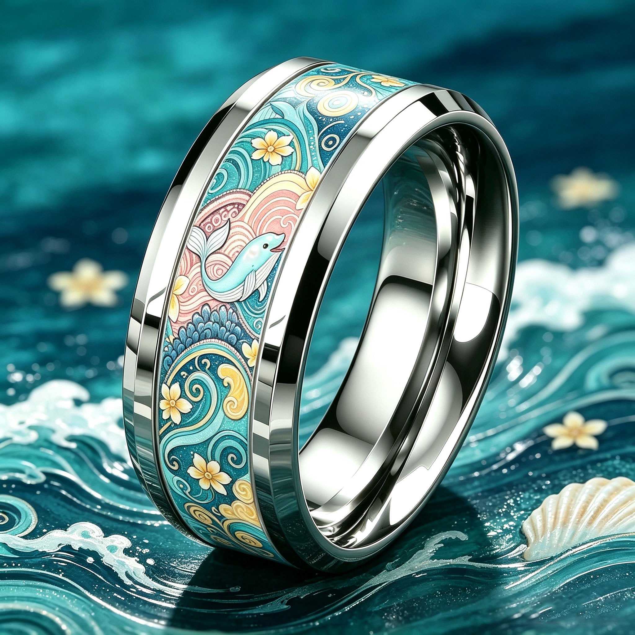 Wavy Dolphin Floral 304L Stainless Steel Ring, Unisex